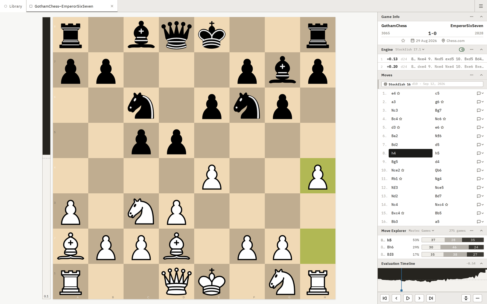 The Game workspace: the board with its evaluation bar, and the Game Stack at the right.